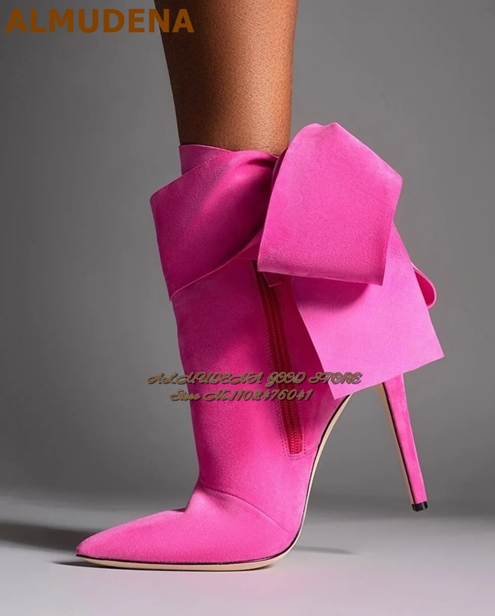 ALMUDENA Hot Pink Suede Big Butterfly-Knot Ankle Boots Stiletto Heel Pointed Toe Bowtie Booties Elegant Black Evening Shoes