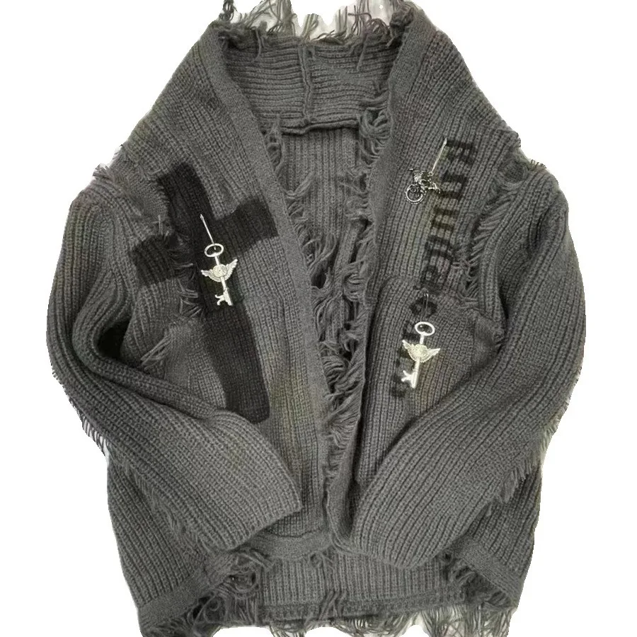 

Мужской кардиган средней длины, рваный свитер в стиле панк, винтажное вязаное пальто унисекс, уличная одежда Y2k