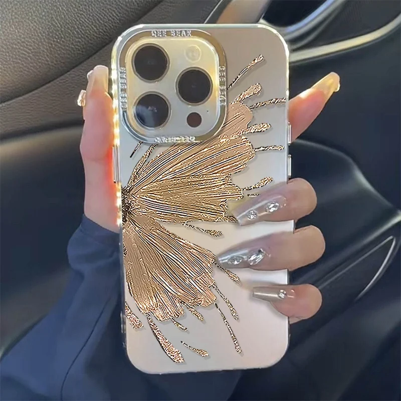 

INS Butterfly Phone Case for Iphone 15 14 13 12 11 Pro Max 15 Plus X XS Max XR Golden Pink Wings PC Full Coverage Phone Cover