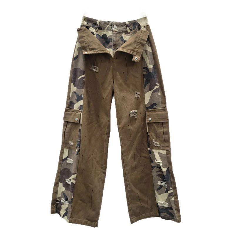 WTHT Trendy New Women's Patchwork Camouflage Fake Two-piece Cargo Jeans 2025 Autumn High Waist Denim Pants Female 1LS2551