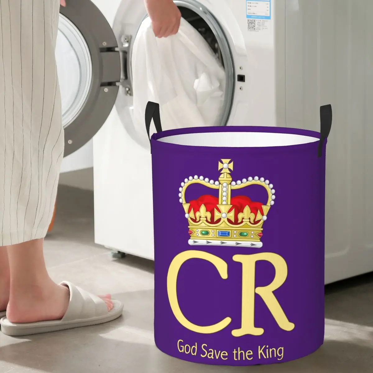 비공식 Charles III Royal Cypher, Charles Rex 접이식 세탁 바구니 더러운 옷 홈 주최자 가정용 어린이를위한 대형 가방