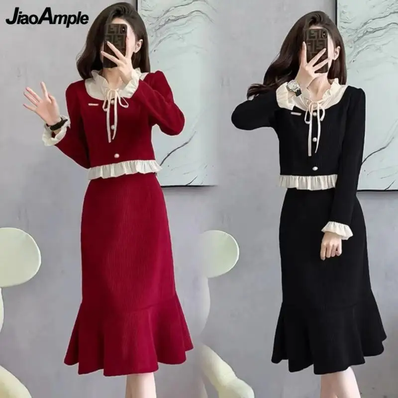 Women Autumn Winter Red Corduroy Two Piece Dress Set Lady Graceful Ruffle Tops Trumpet Skirts Outfits Korean Shirts Skirt Outfit