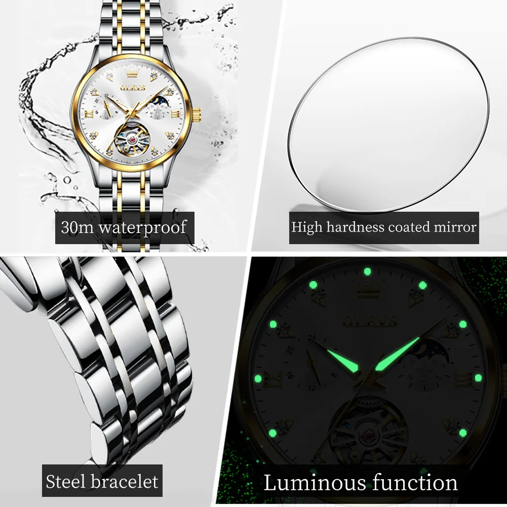 OLEVS Women's Automatic Mechanical Hollow Moon Phase Watch