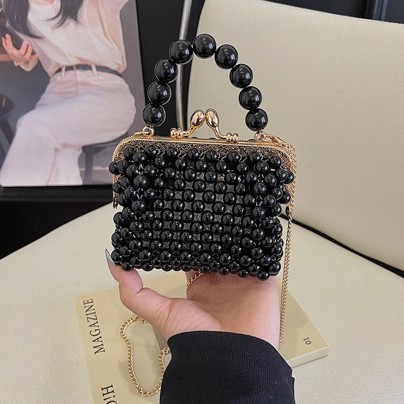 Luxuriöse Designer-Damentasche, handgefertigte Perlen-Tasche, neue Ketten-Schulter-Crossbody-Tasche, Mini-Lippenstift-Etui, Vintage-Perlen-Abendtasche – Detail 3