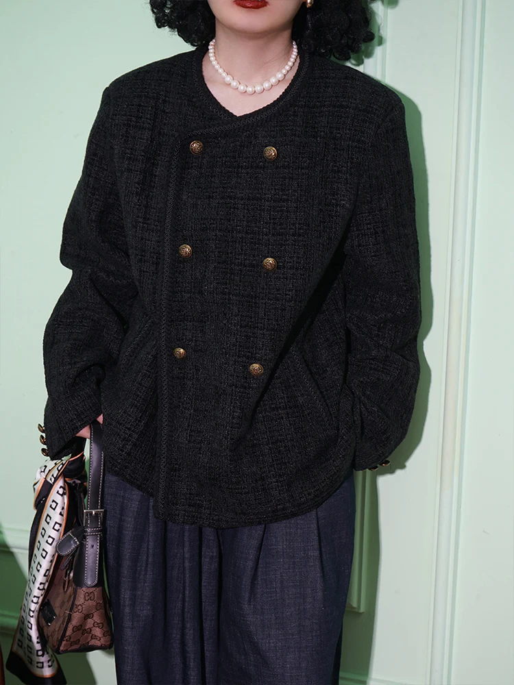 Bla ort Coat HI TWEN FIVE 2025 Autumn Winter New Sle round Ne Fraance Sle Women's Jaet Slim Fit Long Sve