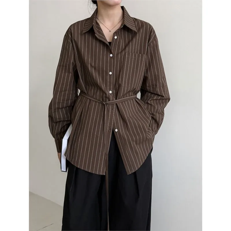 

Повседневная рубашка в полоску в корейском стиле Johnature для женщин, новые осенние универсальные свободные рубашки с длинными рукавами в стиле ретро с простыми лацканами