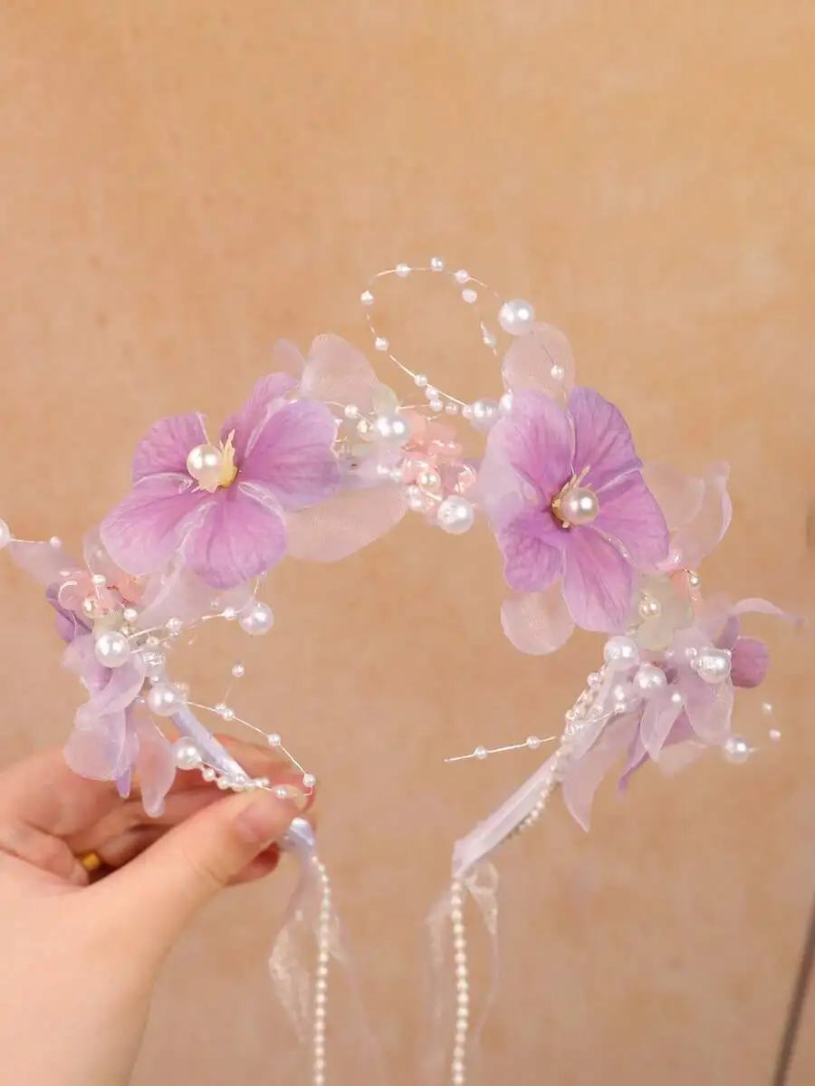 

Elegant Faux Flower Pearl Headband For Women, Bohemian Floral Veil Hair Accessory