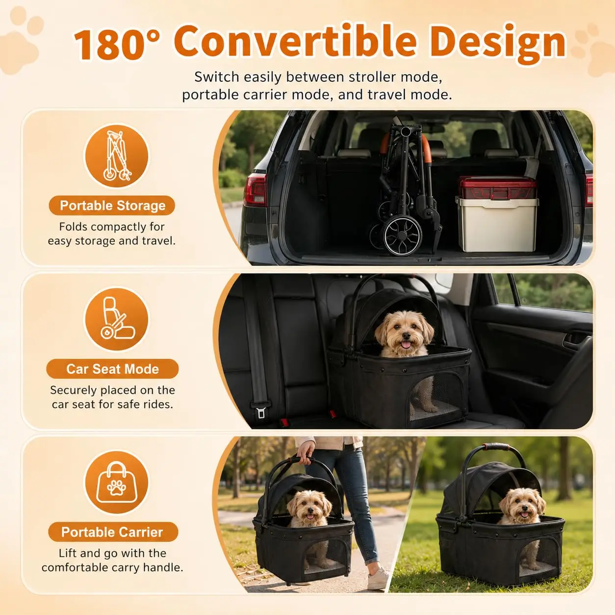 Pet Stroller with Detachable Carrier, Foldable Dog & Cat Stroller | 2-in-1 detachable carrier, one-click fold, all-terrain wheel