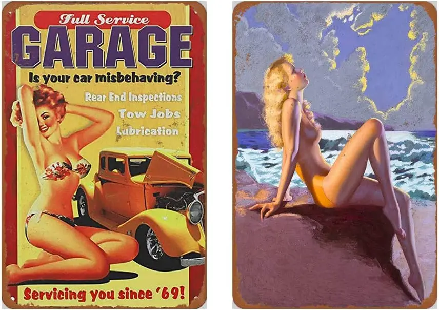 Dmxplus Metal Sign Set of 2 Tin Signs 8 x 12inches - Beach Sexy Pinup Girl Vintage Look Wall Decoration Bar Cafe Home Decor sign