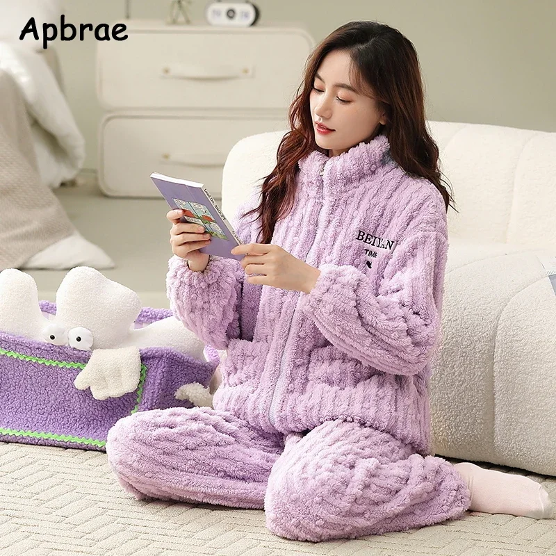 Winter Thick Flannel Pajamas for Women Woman Plus Size M-5XL Solid Soft Sleepwear Warm Velvet Cardigan Homewear Girl Nightwear