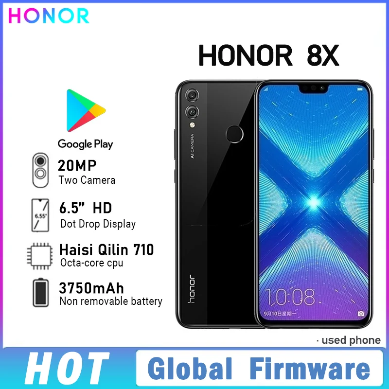 HONOR 8X Smartphone Global firmware 6.5-inch rear camera 20MP 3750mAh CPU Haisi Qilin 710 EMUI 8.2 good condition used phone