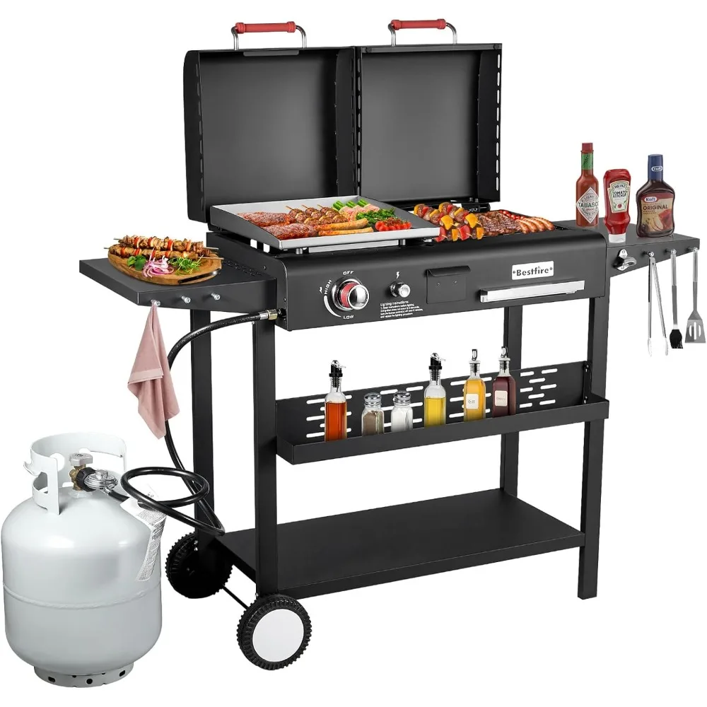 

Dual Fuel Propane Gas Charcoal Grill Combo Black Dual Lids, Flat Top Grill With 2 Side Shelves for BBQ, Outdoor and Backyard Coo