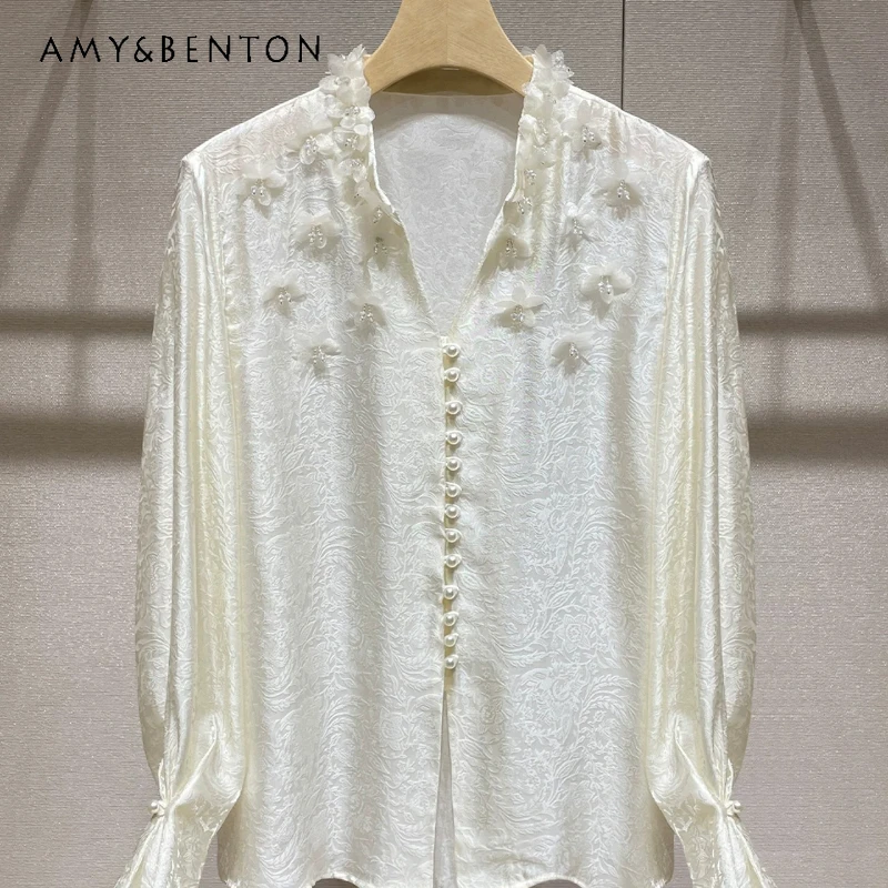 Women's New Chinese Shirt 2026 Summer New V-neck Sweet Temperament Three-dimensional Flower Versatile Long-sleeved Shirts Ladies