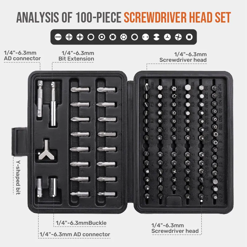 Hi-Spec Multifunction 100pcs/set Bits Set Sturdy Chrome Vanadium Steel Screwdriver Bit Head Set Professional 1/4'' Hex Bit Set