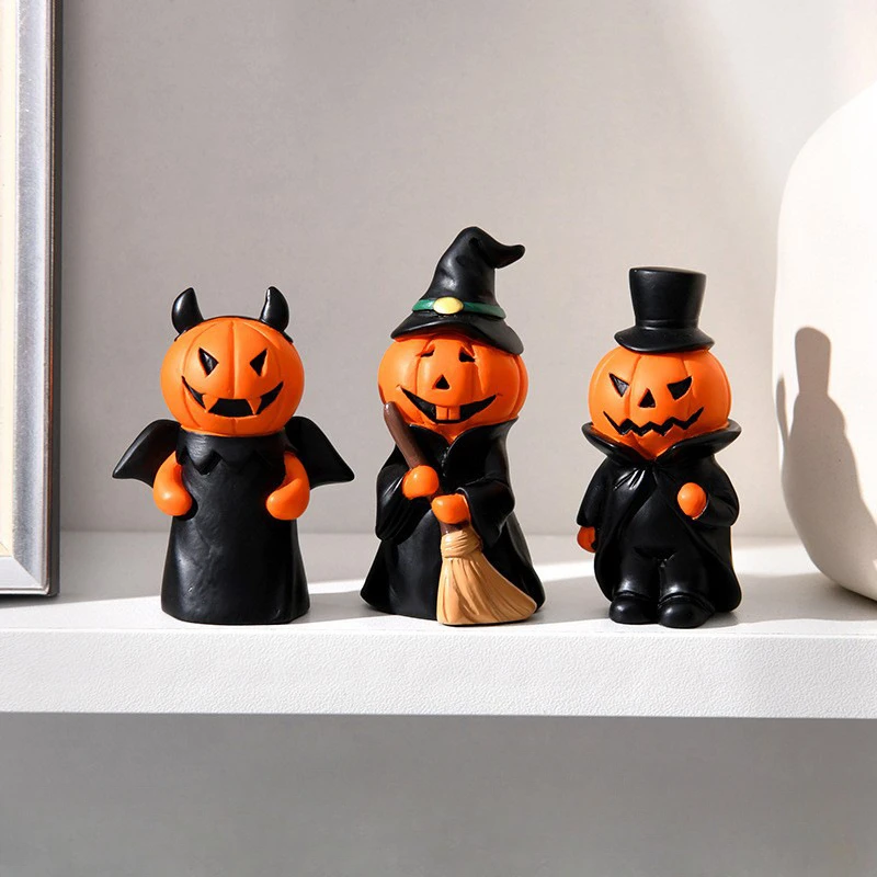 3 Pcs Halloween Miniature Resin Classic Figurines, Classic Pumpkins Figurine for Home Shelf Mantle Halloween Decoration