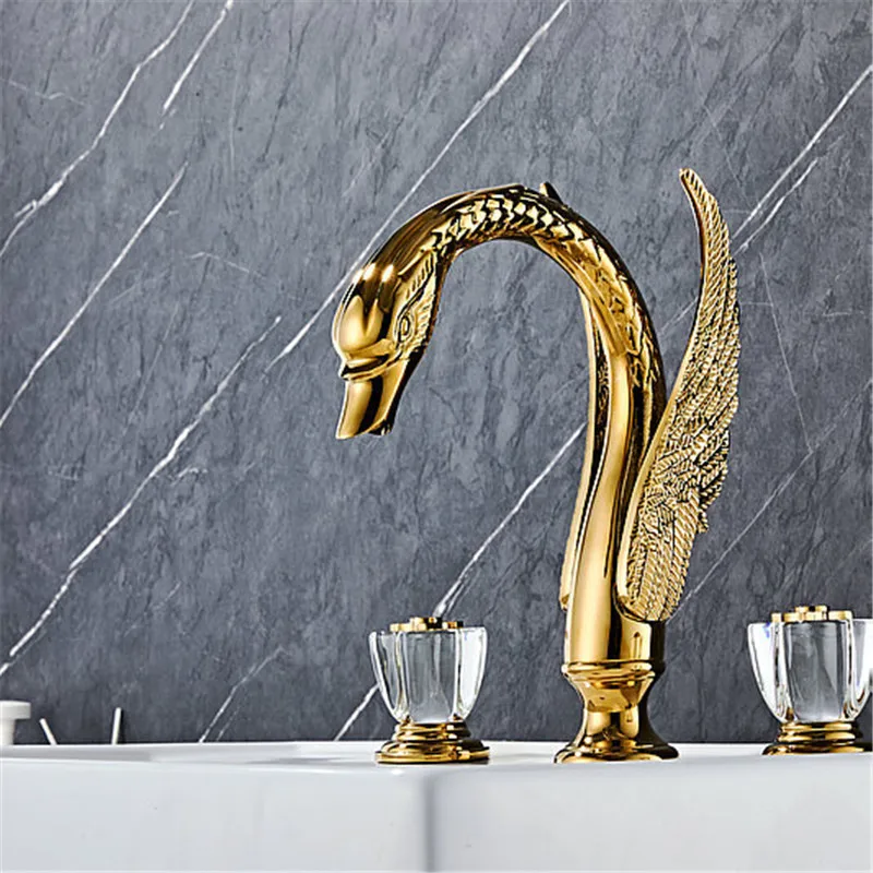 Tuqiu Gold Bathroom faucet widespread Brass and Crystal Basin faucet Tap luxury Basin Mixer Hot And Cold shower room sink Faucet