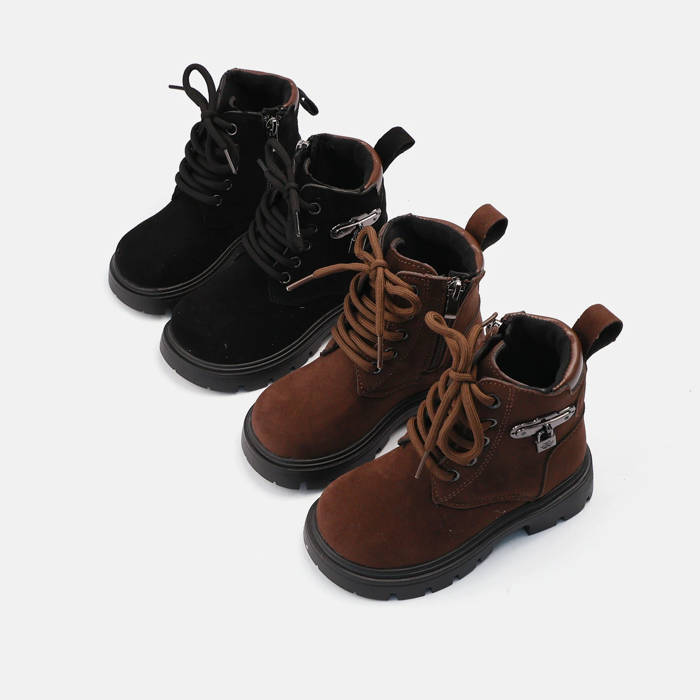 Kids Suede-like Ankle Boots, Lace-Up with Inner Zipper Side Metal Charm Thick Non-Slip Sole Cool Work Boots for Boys Girls