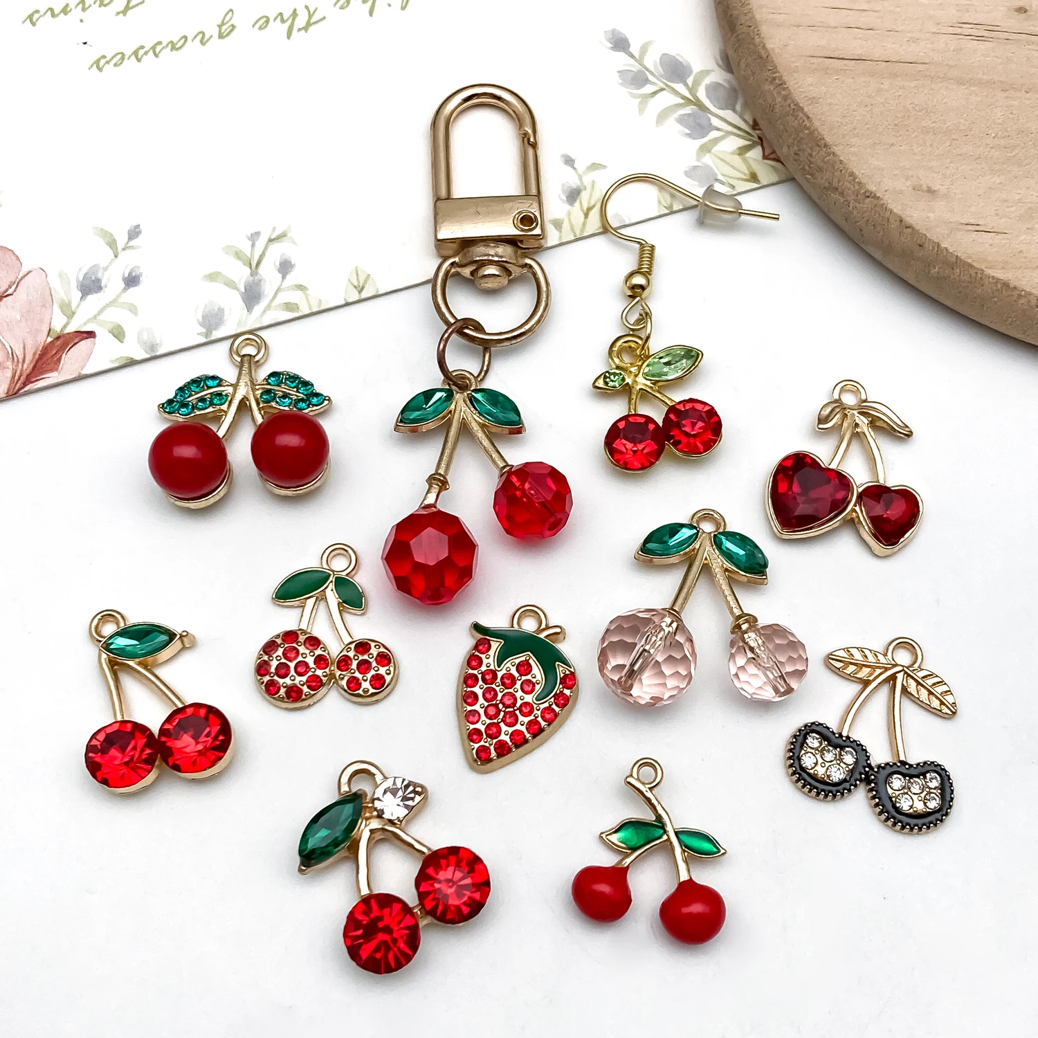 10/20//30pcs Sweet Cherry & Strawberry Alloy Pendants – Diamond-Accented Enamel Craft, Perfect for DIY Earrings, Bracelets, Neck view 5