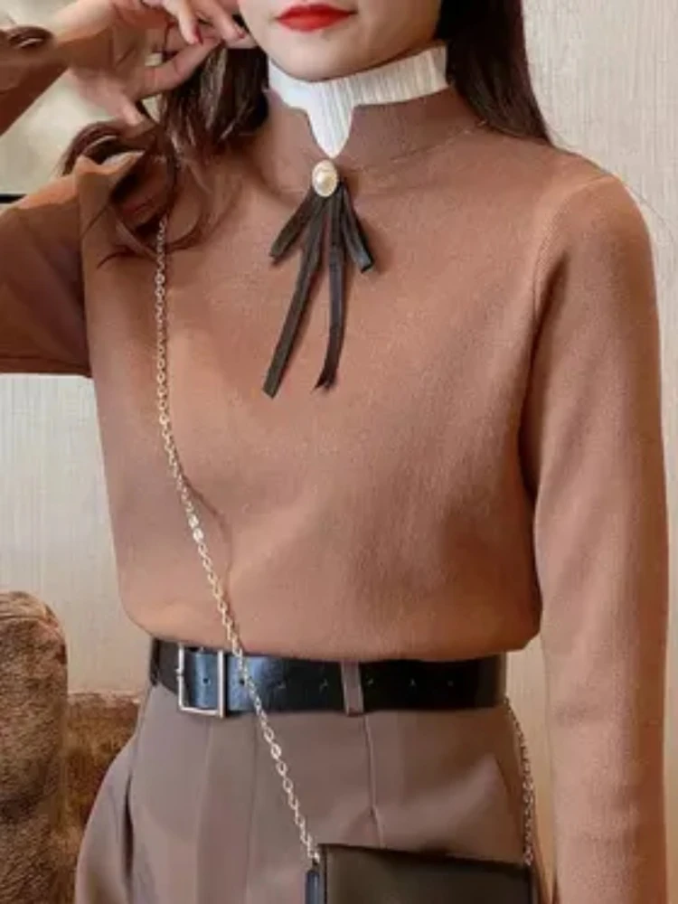 Autumn Winter Sweater Sweet Bow Knitwears Long Sleeve Slim Pullovers Women Solid Knitted Sweater Korean Casual Base Layer Y2k
