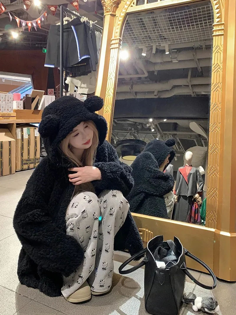 Bear Ear Hoodie Women's Casual Oversized Hoodie Coat Winter Thick Warm Zip Up Hoodie Sweatshirt Y2k Harajuku Streetwear Women