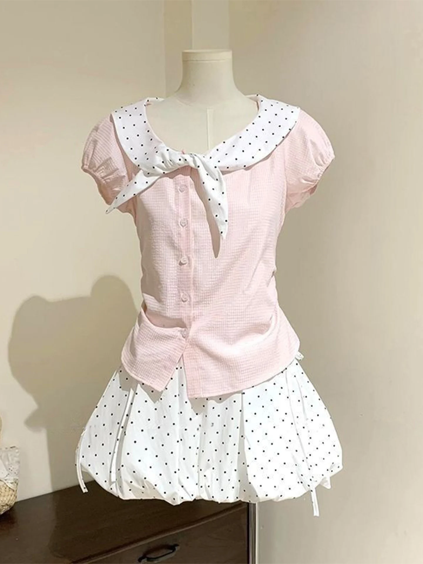 Summer Sweet Style Women's Pink Polka Dot Bow Tie Short Sleeve Shirt Flower Bud Half Skirt Two Piece Set Breathable Bubble Sl...