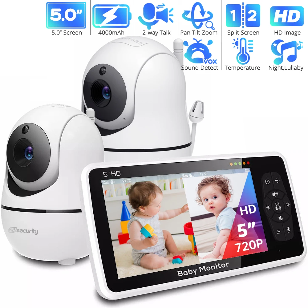 5''HD Baby Monitor with 2 Cameras Pan-Tilt 4X Zoom 2-way Audio Baby Camera Nanny Night Vision 22-Hour Batterr Video Babysitter