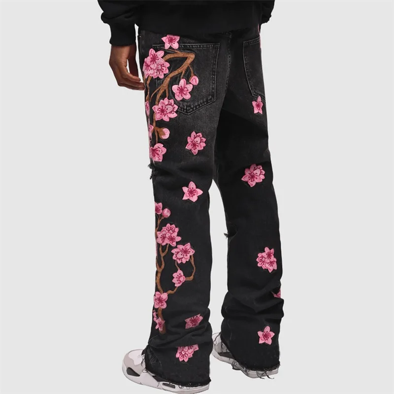 Men Fashion Denim Pants Floral Embroidery Ripped Jeans with Pockets Casual Trousers for Streetwear