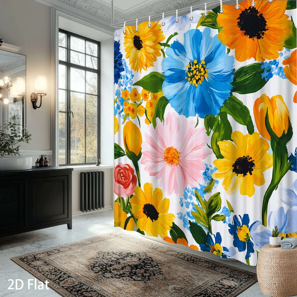 

Botanical Floral Shower Curtain – Vibrant Sunflowers, Blue Daisies & Pink Cosmos on White, Waterproof Polyester