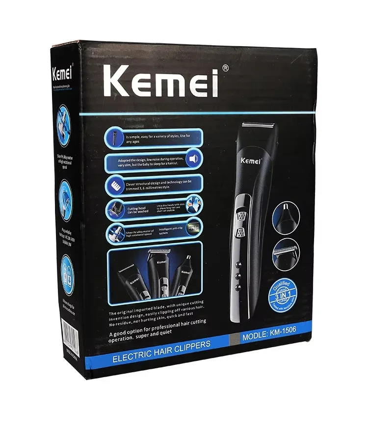 Cortadora de pelo eléctrica Kemei KM-1506 3 en 1, afeitadora con carga USB, cortadora de pelo de nariz recargable, máquina de afeitar profesional
