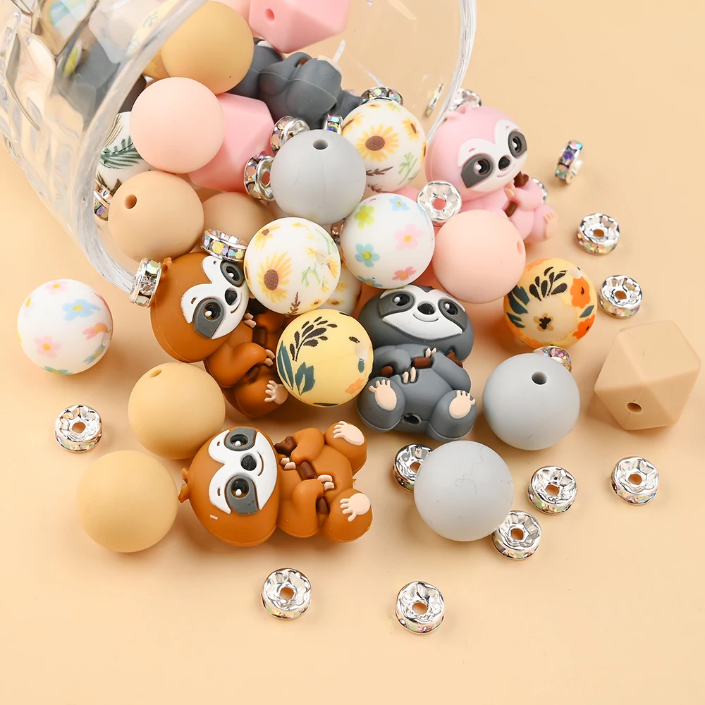 27Pcs Silicone Set Round Octagonal Animal Shape Teether Focus Beads for Handmade Pacifier Chain Clips Dummy Holder Accessories