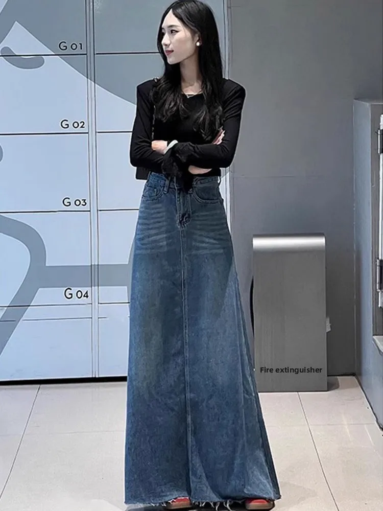 

Американская джинсовая юбка трапециевидной формы с высокой талией, женская летняя юбка-миди 2025, струящаяся макси-юбка, повседневная корейская юбка