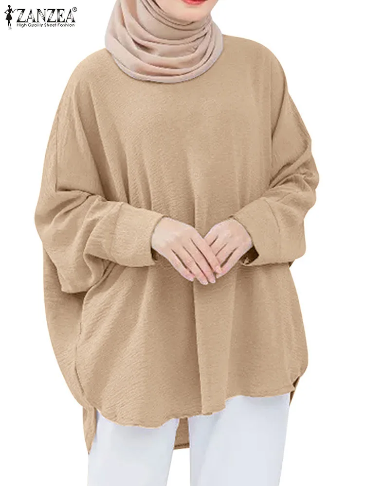 

ZANZEA Woman Fashion Turkey Muslim Shirt Casual Islamic Clothing O Neck Long Sleeve Blouse Female Elegant Tunic Tops Oversized