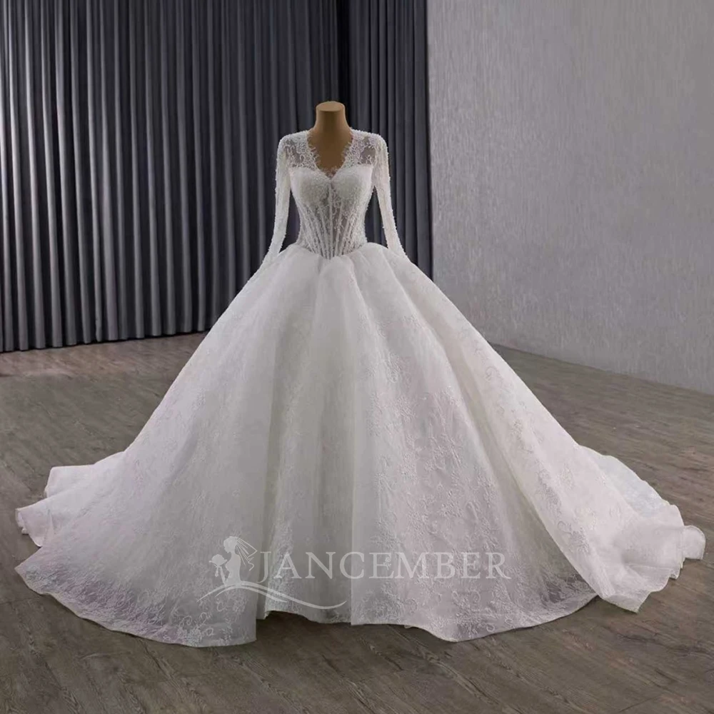 

Customized Luxury Ball Gown Long Sleeve Organza V-neck Wedding Dresses Lace Promotion vestidos de novia boda Court Train