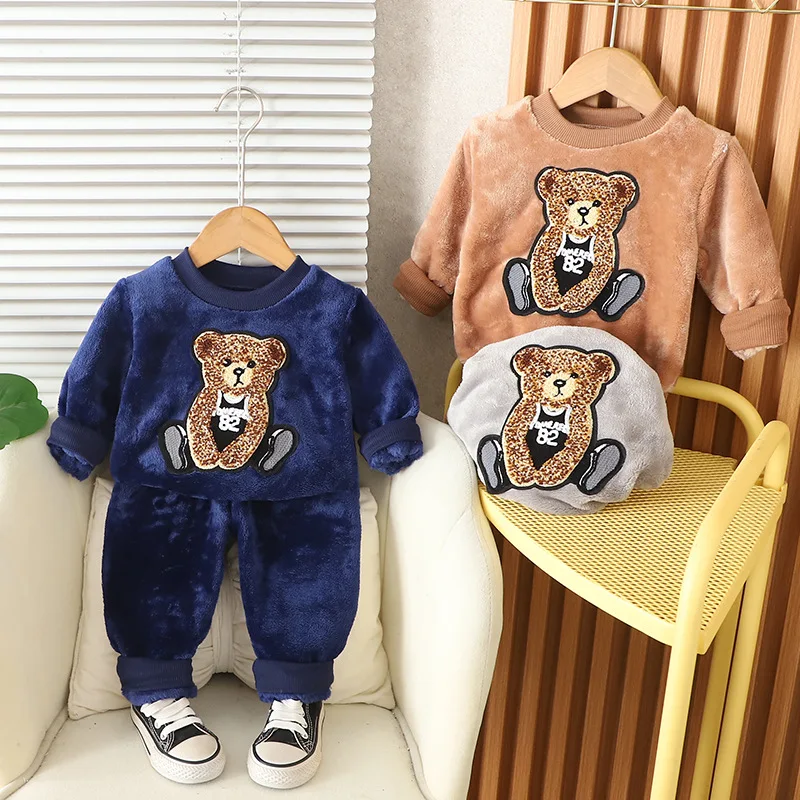 New Winter Baby Boys Clothes Children Cartoon Thick Warm Sleepwear T-Shirt Pants 2Pcs/Sets Toddler Girls Clothing Kids Pajamas