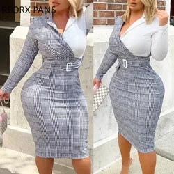 Women Chic Casual Elegant Long Sleeves Patchwork Notched Collar Midi Working Dresses