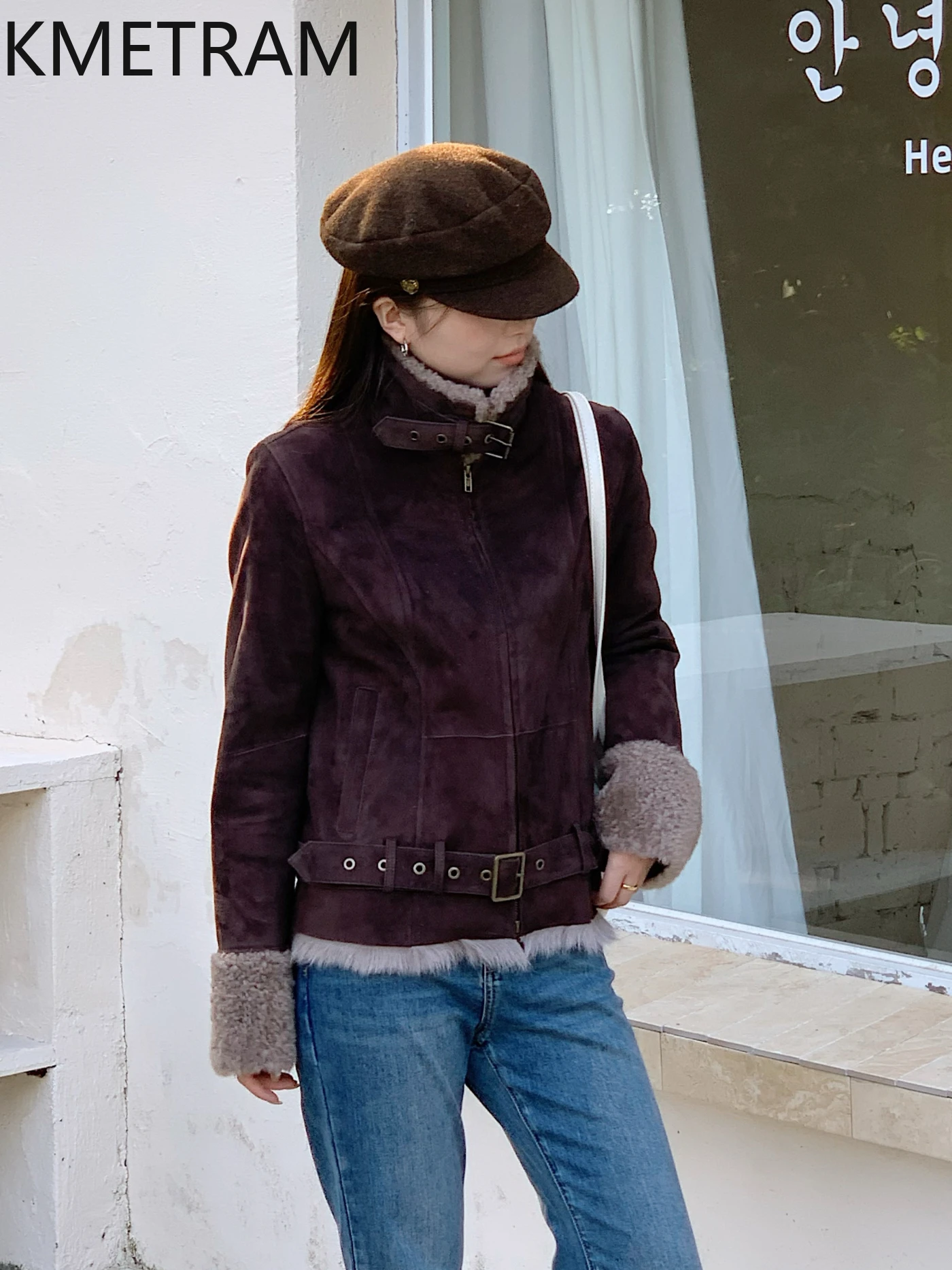 معطف فرو من صوف الماعز الطبيعي من KMETRAM معطف نسائي للتخسيس وبني عميق ملابس خارجية قصيرة سترة شتوية 2025 duбlenка vrouwska