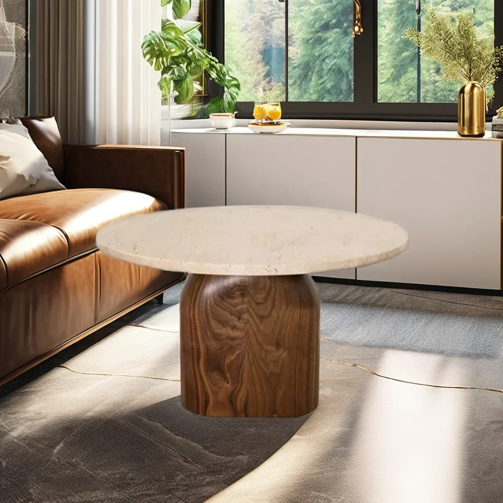 

#F Nordic Modern Design Travertine Coffee Table Oak Color Wood Leg Marble Top Coffee Table Set Side Table Living Room Furniture