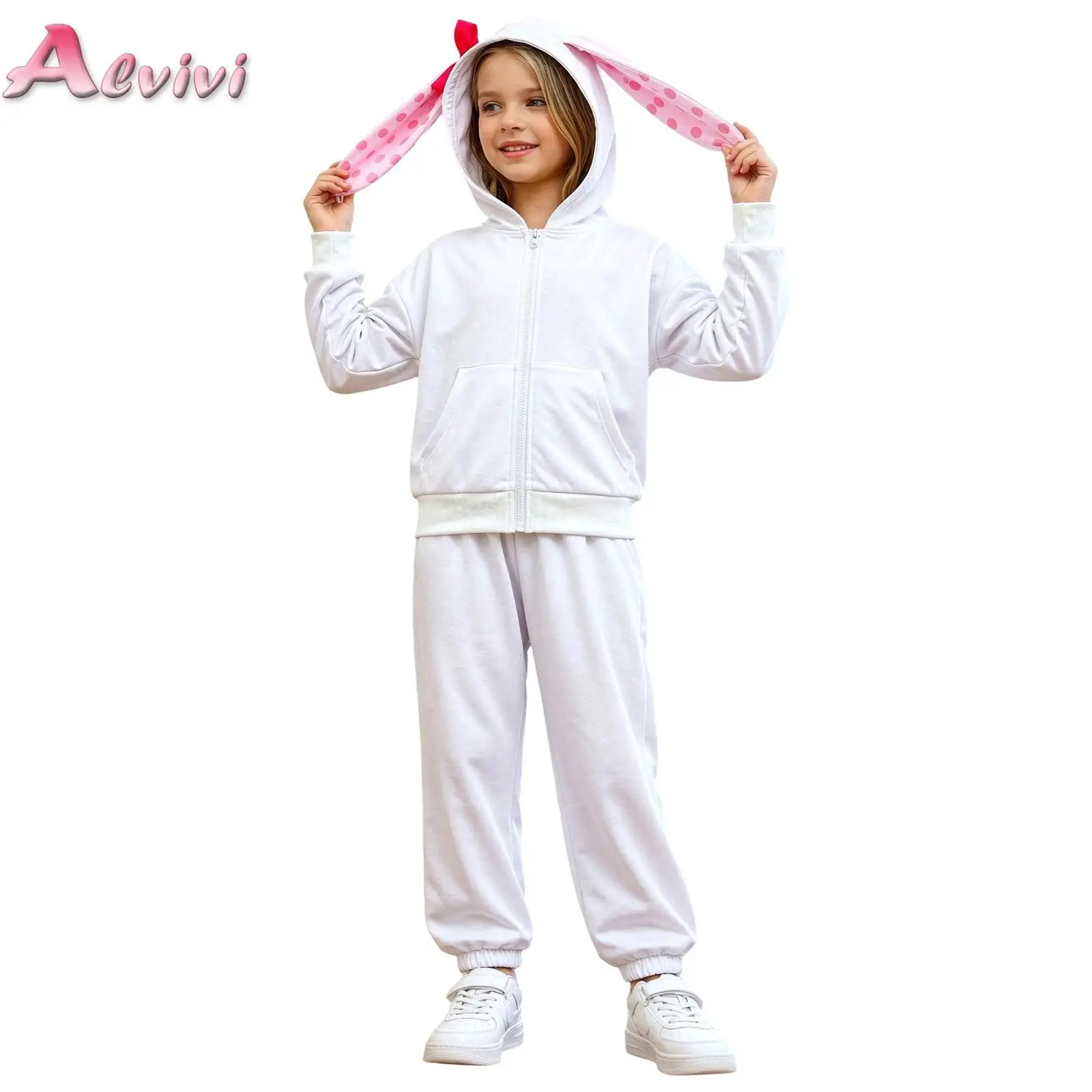 Kids Girls Animal Costume Long Sleeve Dots Rabbit Ears Hooded Jacket with Pants for Dress Up Family Gathering Photo Shoot