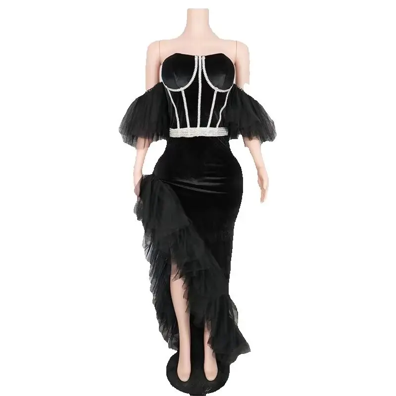 Women Singer Performance Party Dress Black Velvet Mesh Evening Dresses Bar Dj Ds Gogo Costume Stage Festival Outfit XS9234
