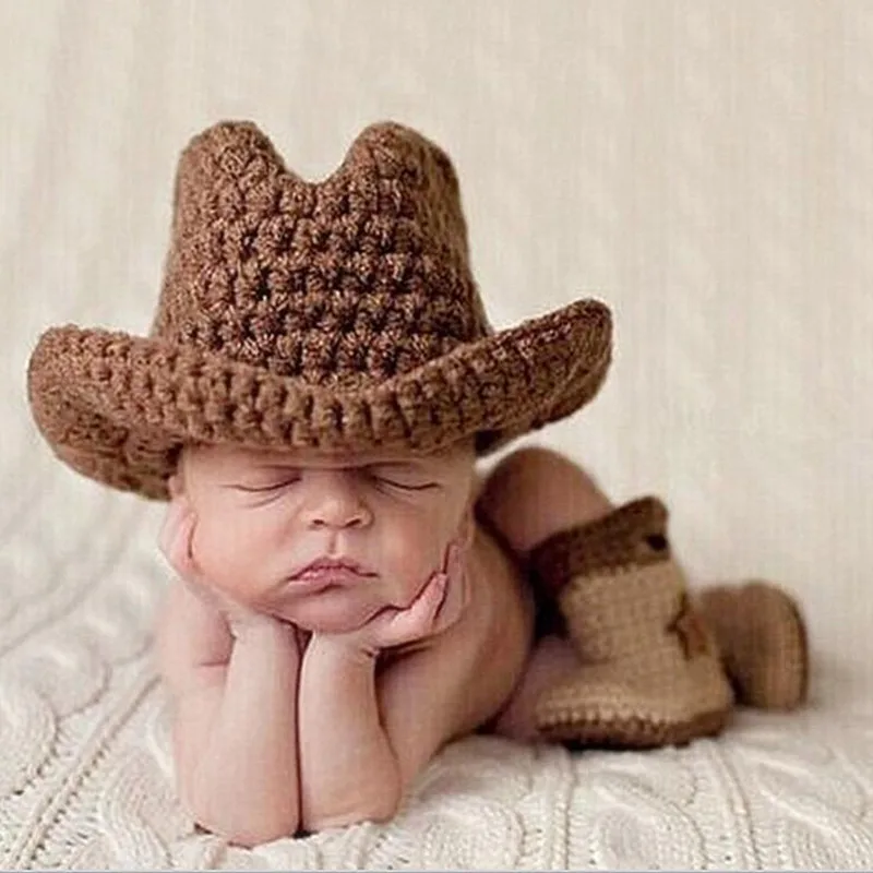 Baby Photography Clothing Toddler Full Moon Hundred Days Photo Studio Photo Knitted Clothing Cartoon Hat Set Children Cowboy Hat