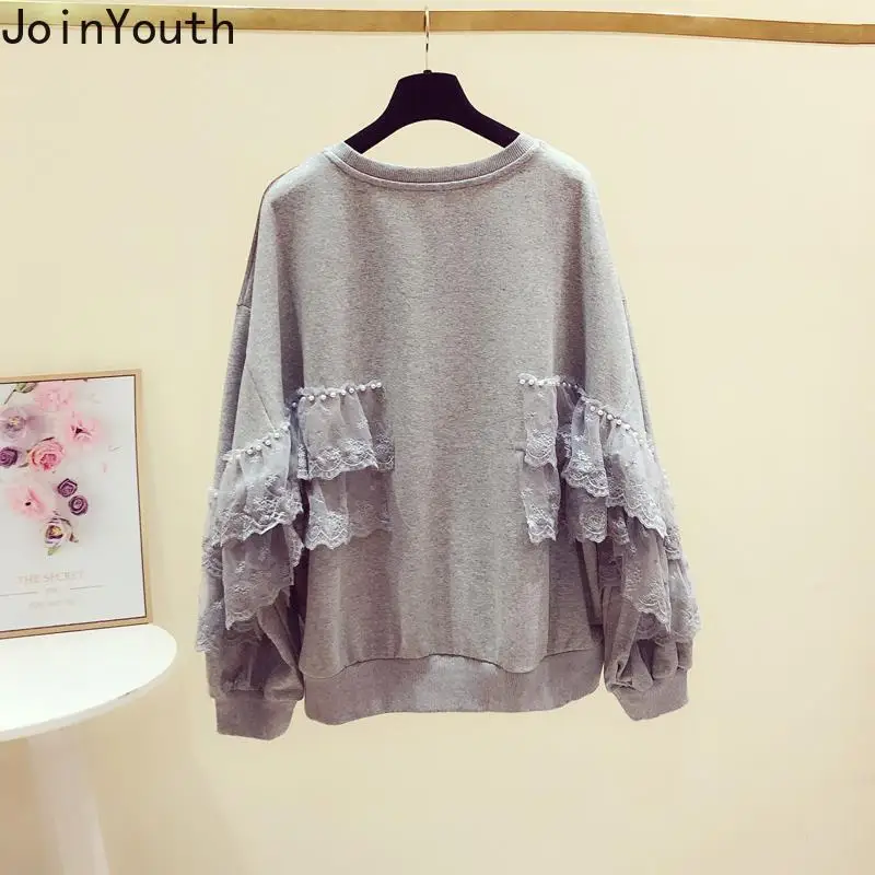 Cotton Hoodie Women Clothing 2023 O-neck Patchwork Beading Lace Oversized Tops Ropa Mujer Casual Fashion Y2k Sweatshirts 27s883