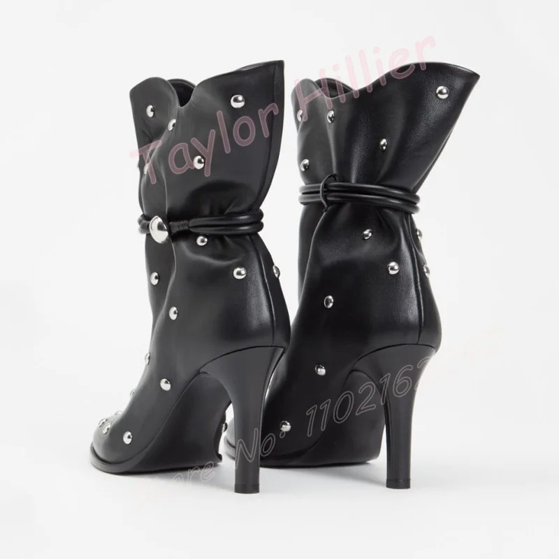Metal Rivet Black Leather Short Boots Round Toe Stiletto Heel Lace-Up Side Zipper Bare Boots Fashionable Luxury Knight Boots 46 - Image 3