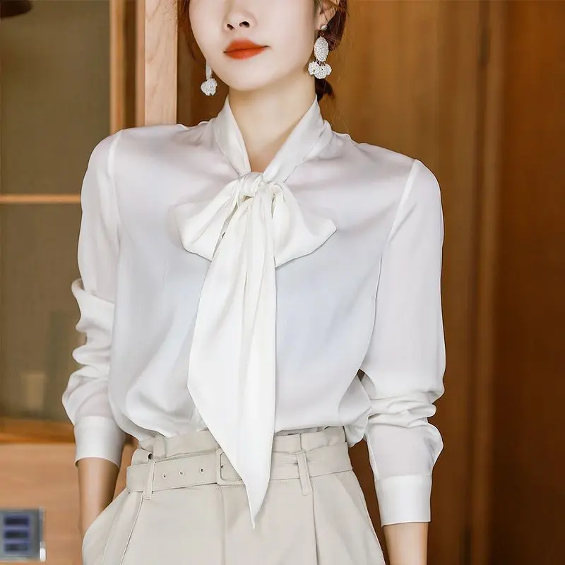 

2023 New Spring and Autumn Luxury Exquisite Simulation Silk Ribbon Bow Knot Drop Commuter Simple Solid Color Women's Shirt