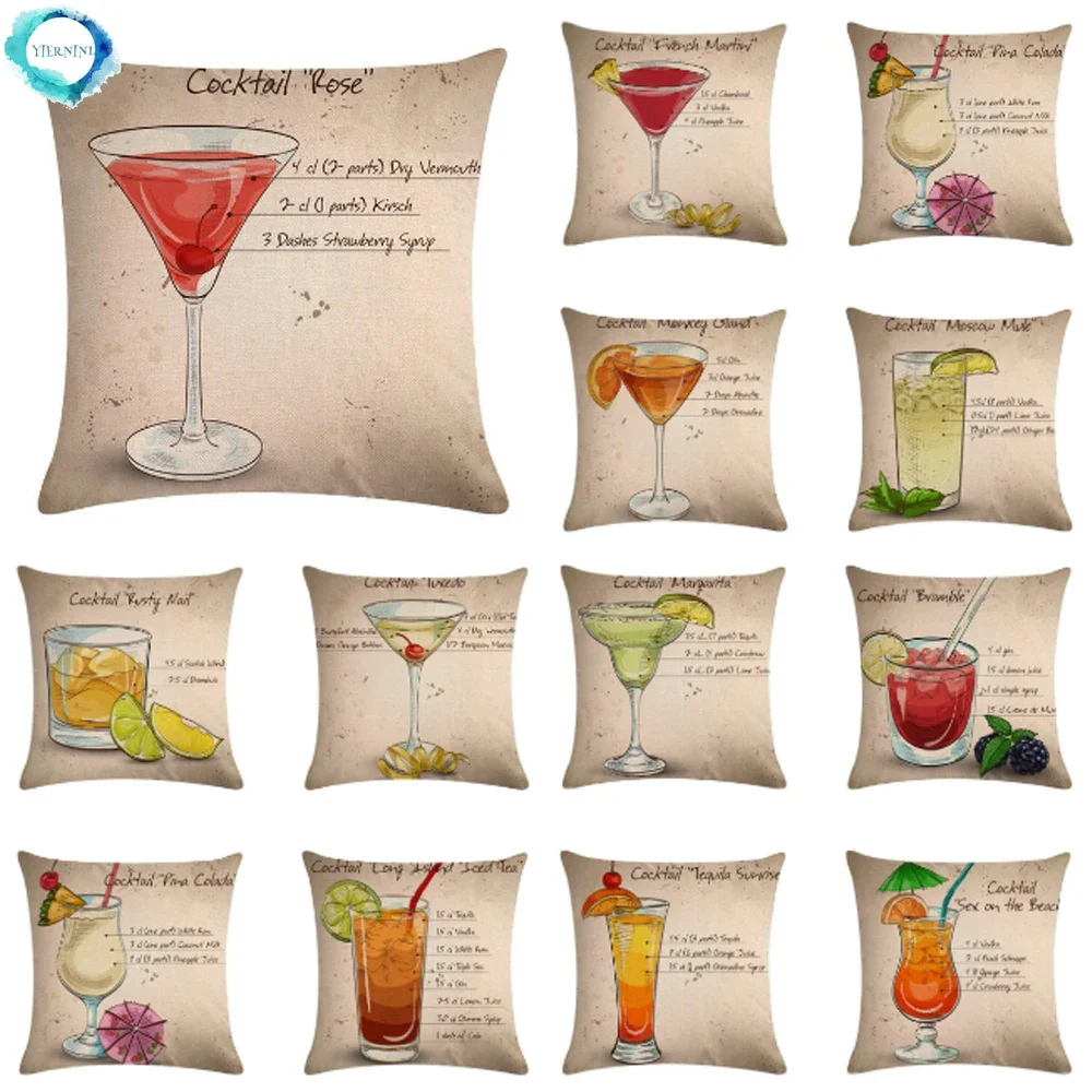 Cocktail Cotton Linen Cushion Cover Martini Tequila Print Pillowcase Creative Home Decor for Sofa Chair Couch Pillow Decorative