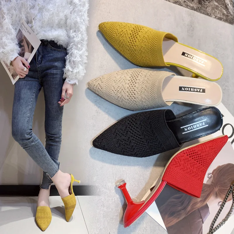 Zapatillas de estar por casa retro para mujer, estilo coreano, con punta, tacón alto y fino, sin cordones, suela de goma, par...