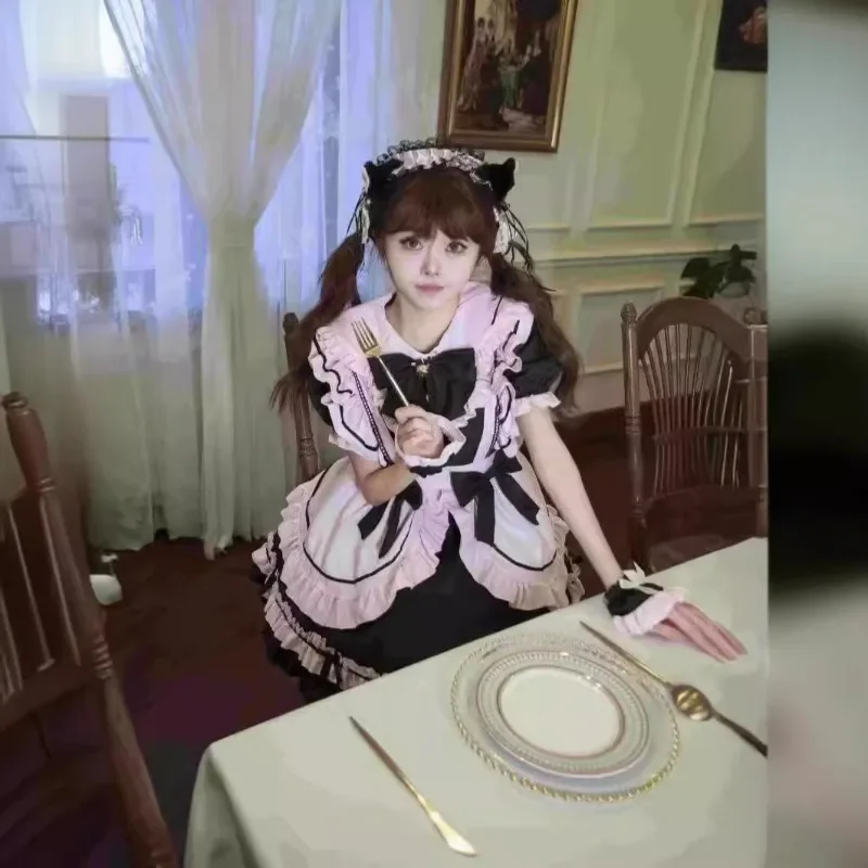 New Japanese Lolita Black Pink Maid Costume Cosplay Sweet Girl Cute Cat Bow Soft Girl Set