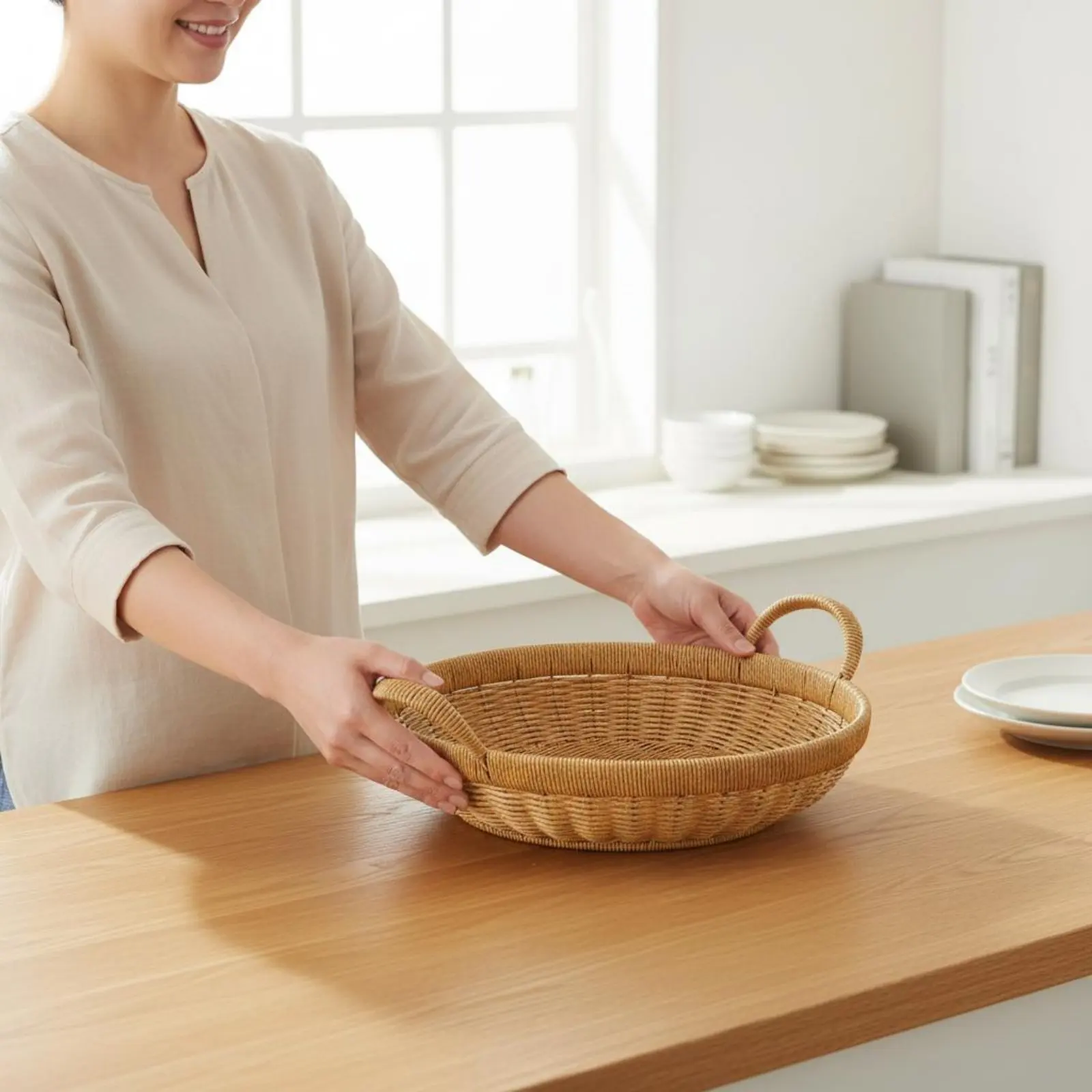 

Rattan Look Basket with Handles Double Handle Basket Household Storage Decorative Easy to Clean