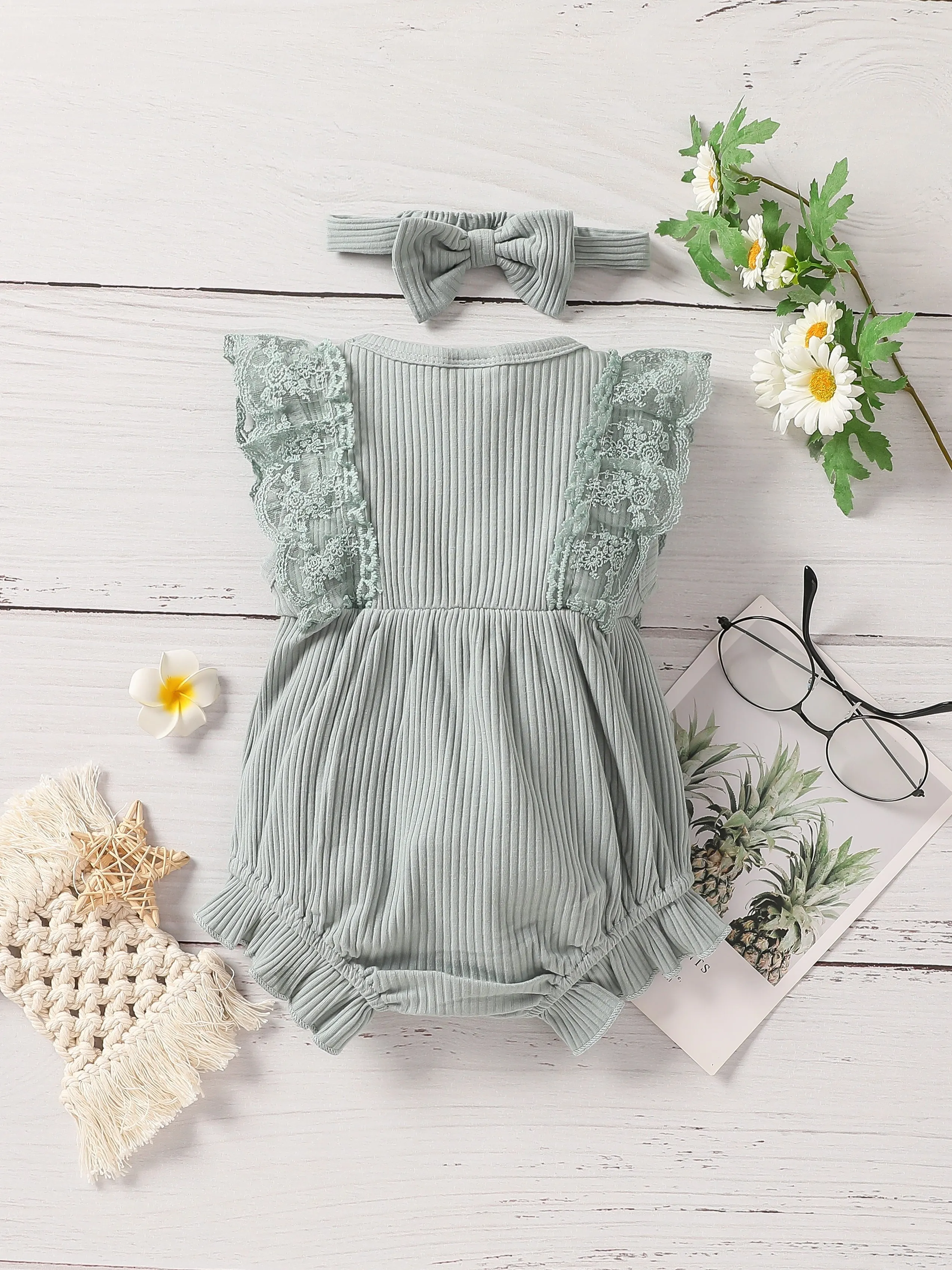 Baby Girls Summer Sleeveless Lace With Button  Solid  Preppy Style Jumpsuit +Headband