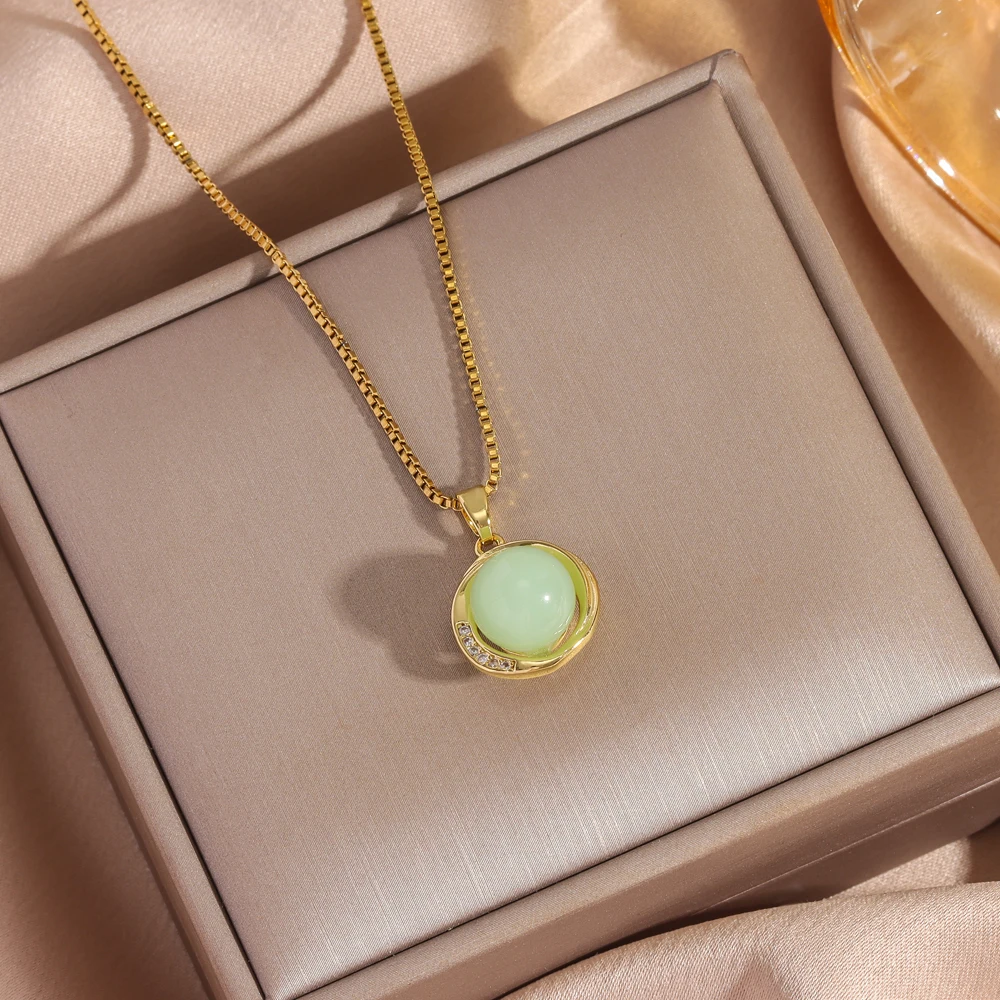 New Retro Luxury Imitation Jade Dewdrop Pendant Necklaces For Women Female Daily Wear Stainless Steel Neck Chain Jewelry Ladies