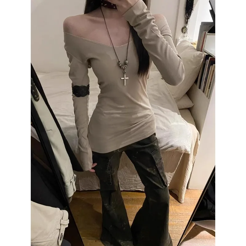 

American Vintage Subculture Cross Splicing T-shirt Autumn New Harajuku Style Long Sleeve T Shirts Women's Y2K Slim-fit Base Tops